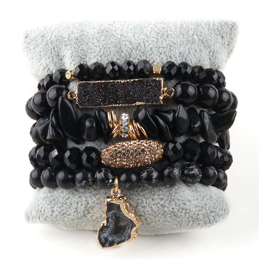 Black Agate/Snowflake Obsidian Natural Stone & Synthetic Crystal Bracelet