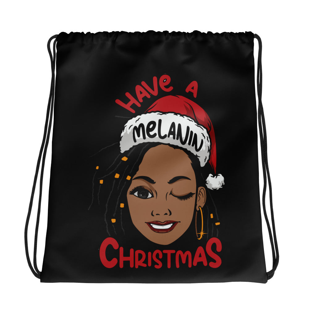 Melanin Christmas Black Drawstring bag