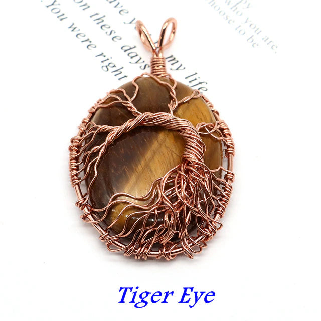 Natural Stone Oval Cabochons Wrapped Affirming Tree Necklace